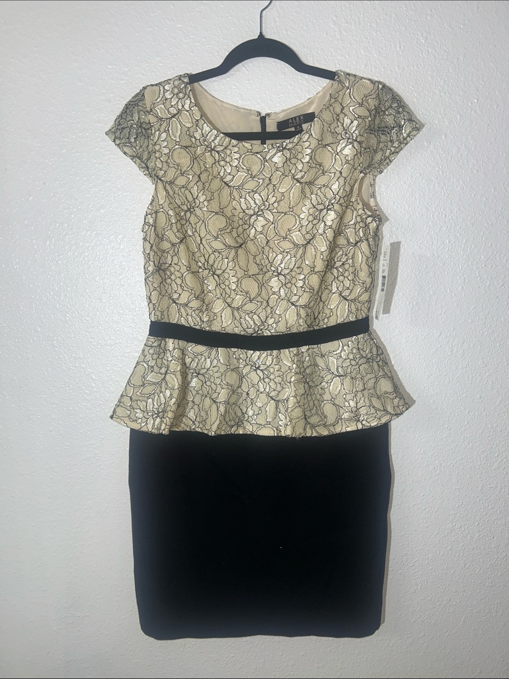 Alex Marie Gold Lace Peplum Dress with Black Skirt